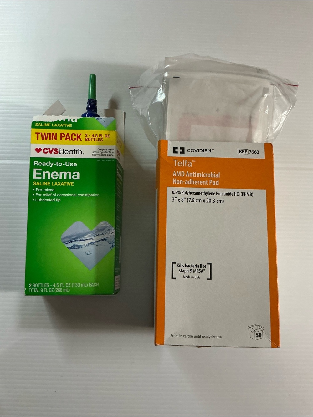 Ready-to-Use Enema Saline Laxative & Covidien Ref 7663 no stick pad 3 in x 8 in